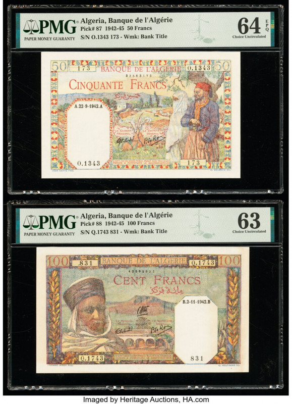 Algeria Banque de l'Algerie 50; 100 Francs 22.9.1942; 2.11.1942 Pick 87; 88 Two ...