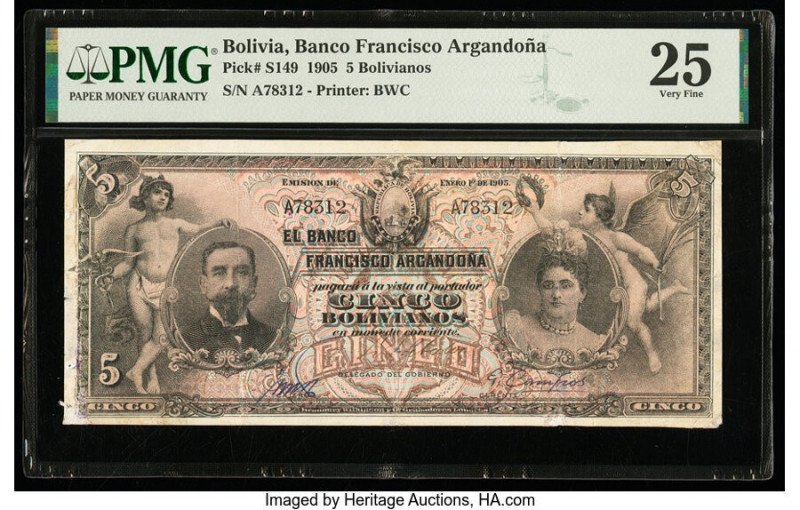 Bolivia Banco Francisco Argandona 5 Bolivianos 1.1.1905 Pick S149 PMG Very Fine ...