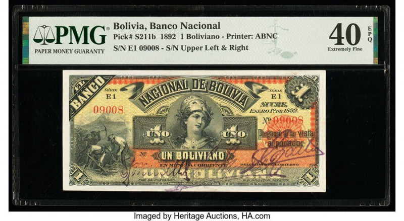 Bolivia Banco Nacional de Bolivia 1 Boliviano 1.1.1892 Pick S211b PMG Extremely ...