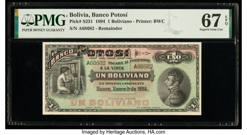 Bolivia Banco Potosi 1 Boliviano 1.1.1894 Pick S231 PMG Superb Gem Unc 67 EPQ. 
...