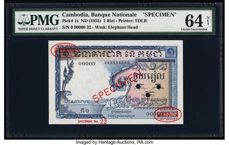 Cambodia Banque Nationale du Cambodge 1 Riel ND (1955) Pick 1s Specimen PMG Choi...