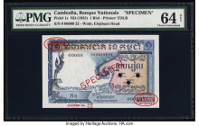 Cambodia Banque Nationale du Cambodge 1 Riel ND (1955) Pick 1s Specimen PMG Choice Uncirculated 64 Net. Red Specimen & TDLR overprints, three POCs and...