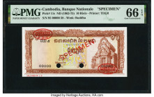 Cambodia Banque Nationale du Cambodge 10 Riels ND (1962-75) Pick 11s Specimen PMG Gem Uncirculated 66 EPQ. Red Specimen & TDLR overprints and two POCs...