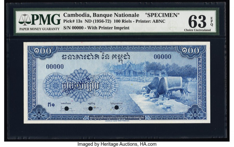 Cambodia Banque Nationale du Cambodge 100 Riels ND (1956-72) Pick 13s Specimen P...