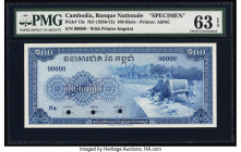 Cambodia Banque Nationale du Cambodge 100 Riels ND (1956-72) Pick 13s Specimen PMG Choice Uncirculated 63 EPQ. Specimen overprints and three POCs are ...