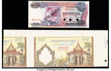 Cambodia Banque Nationale du Cambodge 100 Riels ND (1973) Pick 15s Specimen Crisp Uncirculated; 500 Riels ND Pick UNL (14p) Back Archival Proof Crisp ...