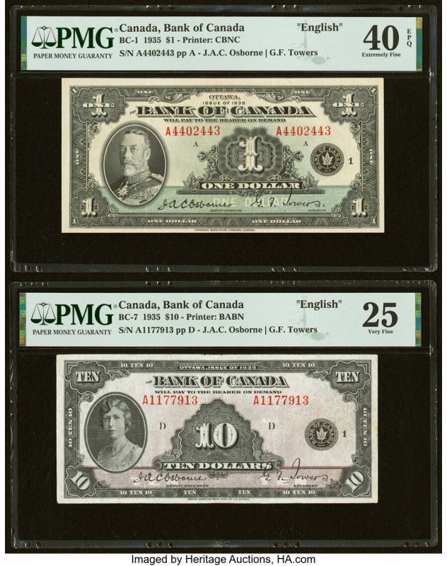 Canada Bank of Canada $1; 10 1935 BC-1; BC-7 Two Examples PMG Extremely Fine 40 ...