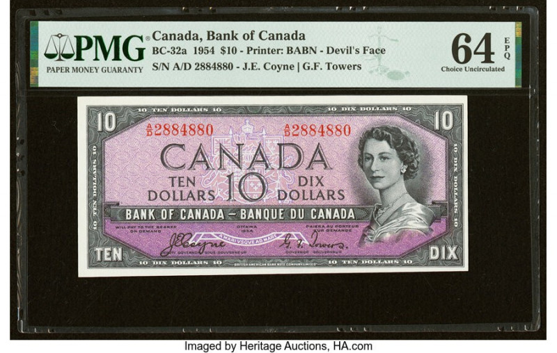 Canada Bank of Canada $10 1954 BC-32a "Devil's Face" PMG Choice Uncirculated 64 ...