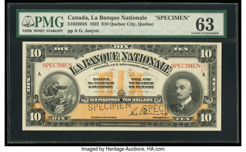 Canada Quebec City, PQ- Banque Nationale $10 2.11.1922 Ch.# 510-22-04S Specimen ...
