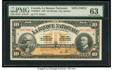 Canada Quebec City, PQ- Banque Nationale $10 2.11.1922 Ch.# 510-22-04S Specimen PMG Choice Uncirculated 63. Ink, staple holes, roulette Specimen punch...