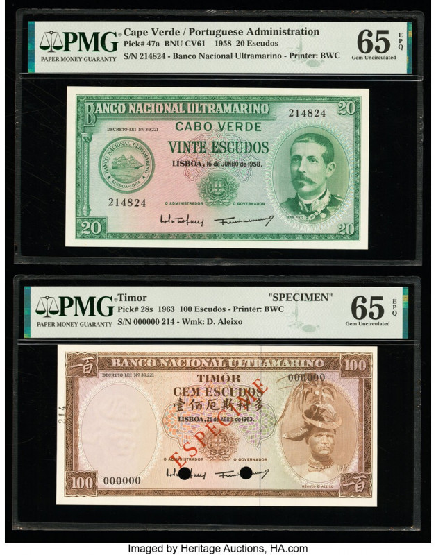 Cape Verde Banco Nacional Ultramarino 20 Escudos 16.6.1958 Pick 47a PMG Gem Unci...