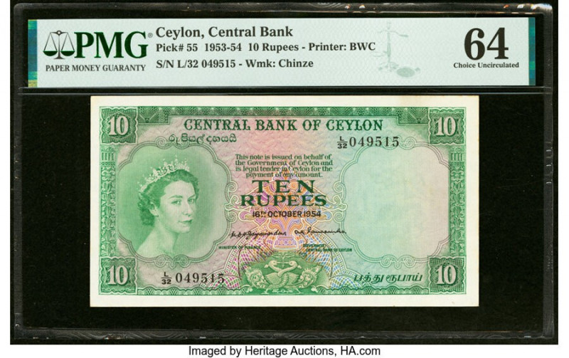 Ceylon Central Bank of Ceylon 10 Rupees 16.10.1954 Pick 55 PMG Choice Uncirculat...