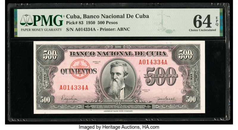 Cuba Banco Nacional de Cuba 500 Pesos 1950 Pick 83 PMG Choice Uncirculated 64 EP...