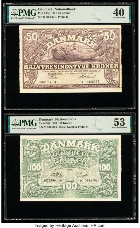 Denmark National Bank 50 ; 100 Kroner 1951; 1953 Pick 38g; 39j Two Examples PMG ...