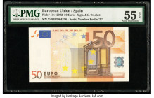 European Union Central Bank, Spain 50 Euro 2002 Pick 11v PMG About Uncirculated 55 EPQ. American Express Group of 3 Specimen Travellers Cheques. The t...