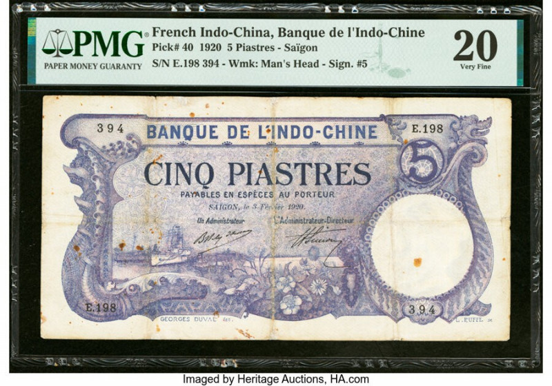 French Indochina Banque de l'Indo-Chine 5 Piastres 3.2.1920 Pick 40 PMG Very Fin...