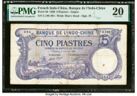 French Indochina Banque de l'Indo-Chine 5 Piastres 3.2.1920 Pick 40 PMG Very Fine 20. Repaired and rust noted on this example. 

HID09801242017

© 202...