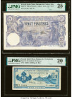 French Indochina Banque de l'Indo-Chine 20 Piastres 1.8.1920; ND (1942-45) Pick 41; 65 Two Examples PMG Very Fine 25; Very Fine 20. Tears, minor rust ...
