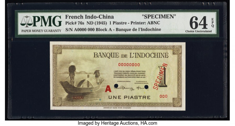 French Indochina Banque de l'Indo-Chine 1 Piastre ND (1945-51) Pick 76s Specimen...