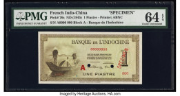 French Indochina Banque de l'Indo-Chine 1 Piastre ND (1945-51) Pick 76s Specimen PMG Choice Uncirculated 64 EPQ. Red Specimen overprints and two POCs ...