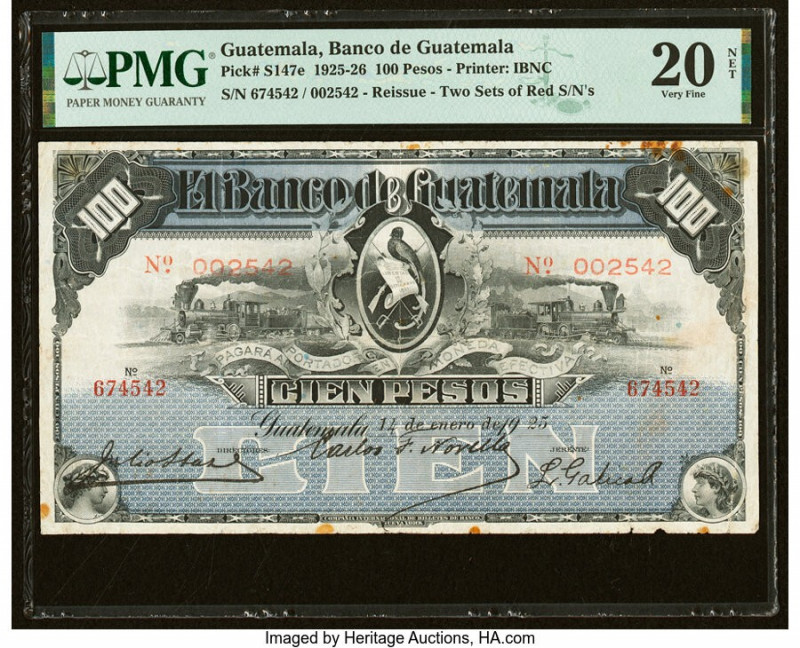 Guatemala Banco de Guatemala 100 Pesos 14.1.192 Pick S147e PMG Very Fine 20 Net....
