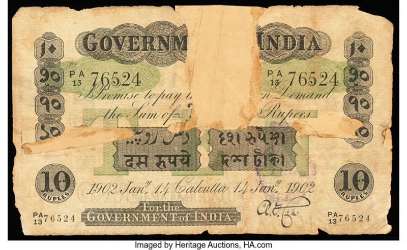 India Government of India, Calcutta 10 Rupees 14.1.1902 Pick UNL Good. Missing p...