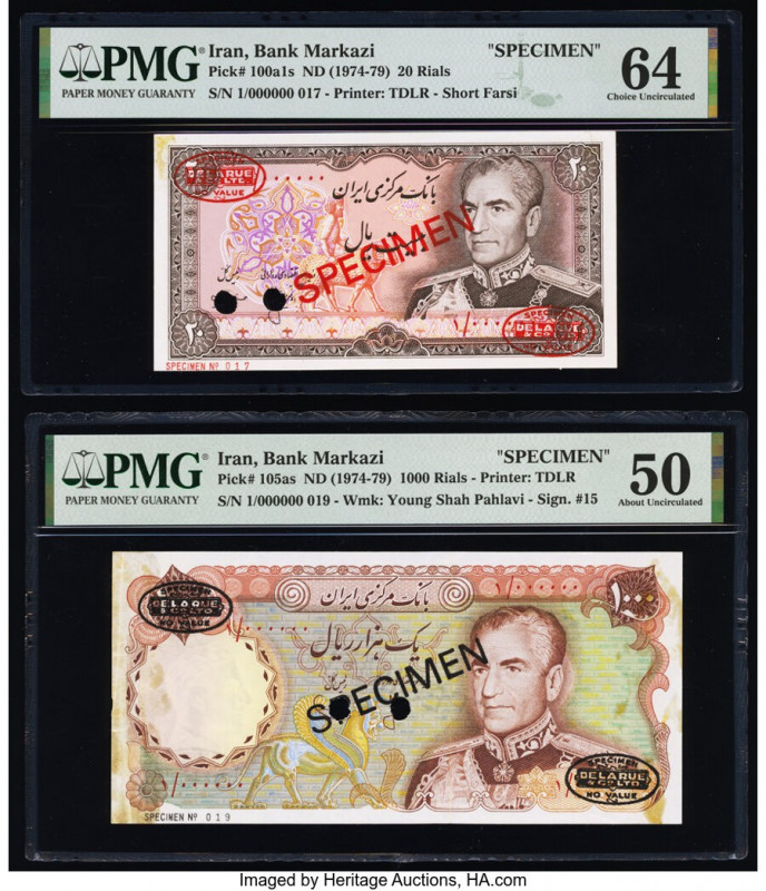 Iran Bank Markazi 20; 1000 Rials ND (1974-79) Pick 100a1s; 105as Two Specimen PM...