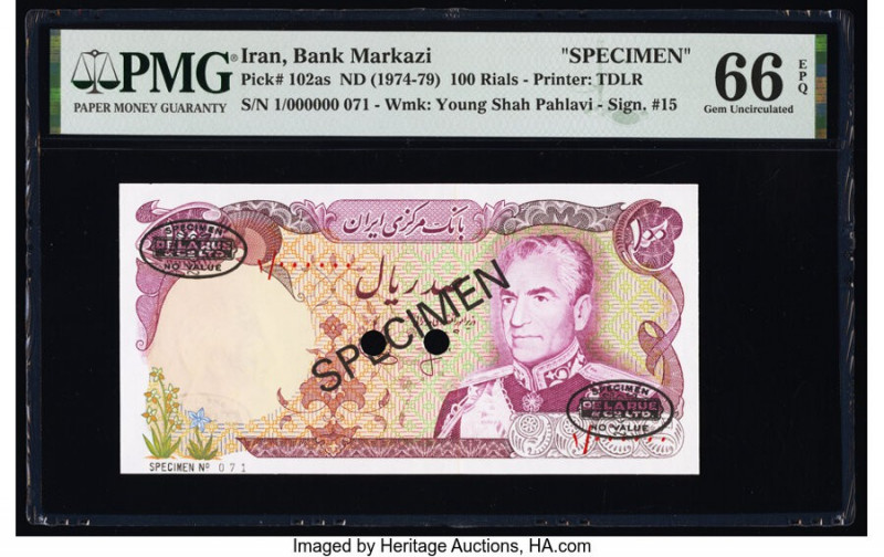 Iran Bank Markazi 100 Rials ND (1974-79) Pick 102as Specimen PMG Gem Uncirculate...