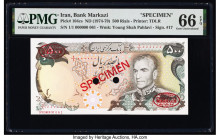 Iran Bank Markazi 500 Rials ND (1974-79) Pick 104cs Specimen PMG Gem Uncirculated 66 EPQ. Red Specimen & TDLR overprints and two POCs are present on t...