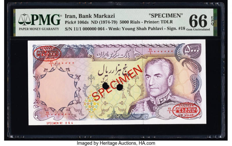 Iran Bank Markazi 5000 Rials ND (1974-79) Pick 106ds Specimen PMG Gem Uncirculat...