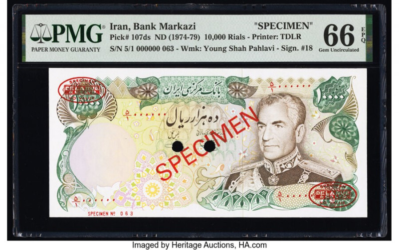 Iran Bank Markazi 10,000 Rials ND (1974-79) Pick 107ds Specimen PMG Gem Uncircul...