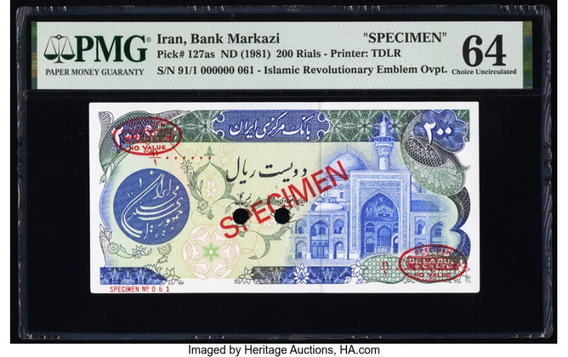 Iran Bank Markazi 200 Rials ND (1981) Pick 127as Specimen PMG Choice Uncirculate...