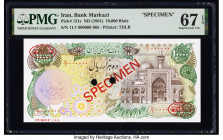 Iran Bank Markazi 10,000 Rials ND (1981) Pick 131s Specimen PMG Superb Gem Unc 67 EPQ. Red Specimen & TDLR overprints and two POCs are present on this...