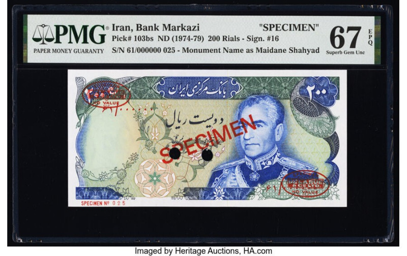 Iran Bank Markazi 200 Rials ND (1974-79) Pick 103bs Specimen PMG Superb Gem Unc ...