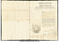 Peru Post Independence Military Proclamation Signed by the President of Colombia Simon Bolivar. A document signed in 1826 by Simon Bolivar acknowledgi...