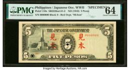 Philippines Philippine National Bank 5 Pesos ND (1943) Pick 110s Specimen PMG Choice Uncirculated 64. Red Specimen & Mi-hon overprints and two POCs pr...