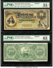 Venezuela Banco Caracas 20 Bolivares ND (ca. 1890) Pick S131p Front and Back Proofs PMG About Uncirculated 55 Net; Choice Uncirculated 63. Corner dama...