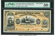 Venezuela Banco de Maracaibo 20 Bolivares ND (ca. 1889) Pick S200s Specimen PMG About Uncirculated 50 EPQ. Red Specimen overprints and four POCs are p...