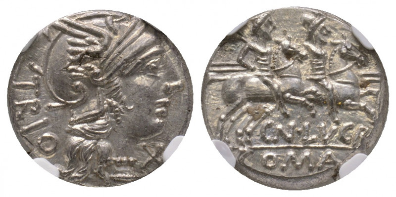 Cn. Lucretius Trio AR Denarius. Rome, 136 BC AR 3,93 g., NGC MS 4/5, 5/5 flan fl...