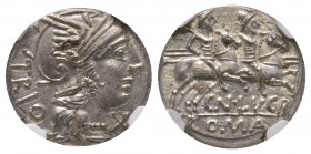 Cn. Lucretius Trio AR Denarius. Rome, 136 BC AR 3,93 g., NGC MS 4/5, 5/5 flan flaw