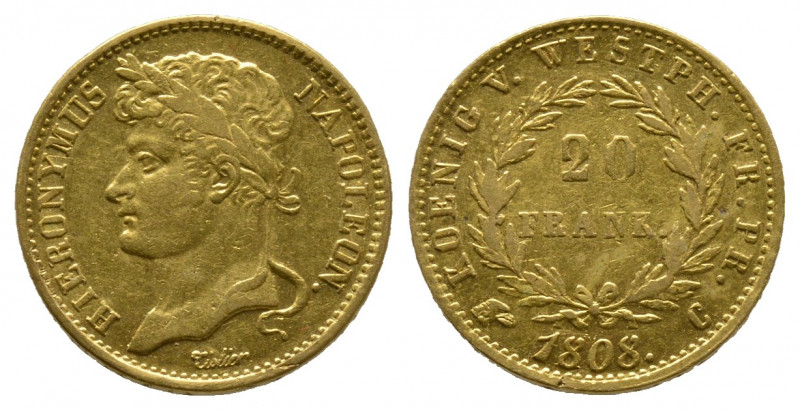 Westphalia
20 Frank, 1808 C, Cassel, AU 6.45 gr.
Ref: G. 2. presque Superbe