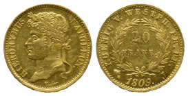 Jérôme Napoléon 1807-1813
20 Frank,  1809 J, AU 6.45 g. Ref : G. W13, Fr. 3517, KM#C33a Conservation : TTB/SUP, défaut de coin et rayures
Quantité :...