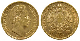 Bayern. 20 Marks, 1873-D, AU Ref : Fr-3783; KM#89 TTB