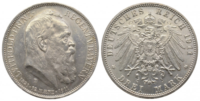 Bayern, Leopold, as Prince Regent, 3 Marks. 1911 D, 90th birthday commemorative ...