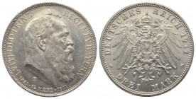 Bayern, Leopold, as Prince Regent, 3 Marks. 1911 D, 90th birthday commemorative issue, AG 16.69 g. Ref : KM1KM 998 Superbe
