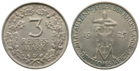 Weimar Republic "Rhineland" 3 Mark 1925-D , Munich mint, AG 14.88 g. Ref :KM#46, J-321. Superbe