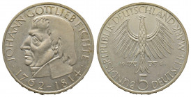 Federal Republic 5 Mark 1964-G, 50th Anniversary - Death of Johann Gottlieb Fichte philosopher. AG 11.20 g. Superbe