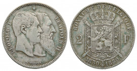 Léopold II (1865-1909), 2 francs, 1880, AG 9.98 g. Cinquantenaire de l'indépendance TTB+ Rare