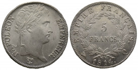 Napoléon Empereur, Empire français 5 Francs, 1814 Q, Perpignan, AG 25,88 g., 37 mm SUP