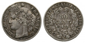 Bordeaux, Cérès, IIIe République, 50 centimes, 1873K, AG 2,43 g., 17,8 mm TTB coup sur la tranche